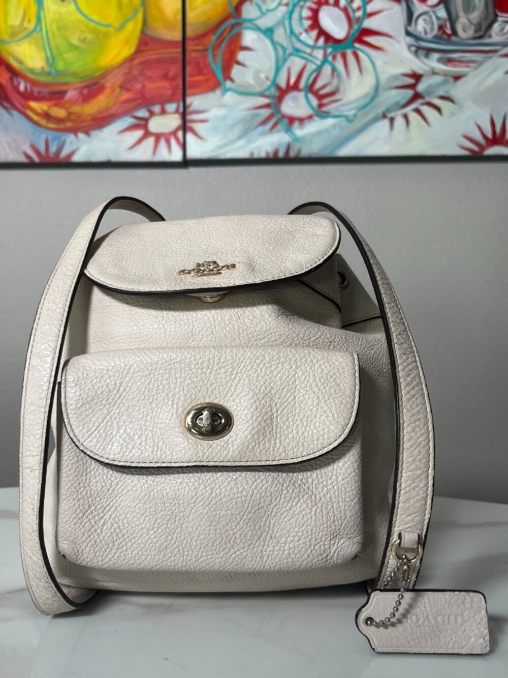 Coach Mini Billie F37621 Chalk Pebble Leather Turnlock Backpack + COA